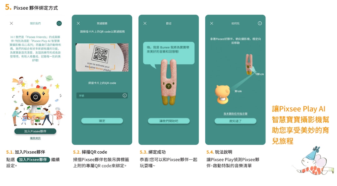 除了Pixsee Play的攝影主機,也要記得綁定寶寶的智慧好朋友Pixsee Friends,配對完成後,就可以使用Pixsee Friends的智慧功能囉!